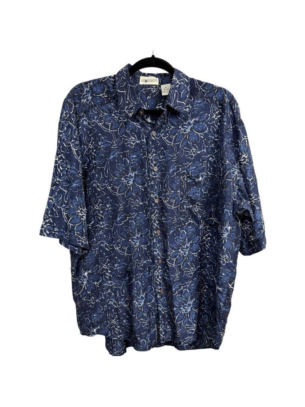 Vintage J.T. Beckett Floral Silk‎ Button Down Shirt Size M Blue